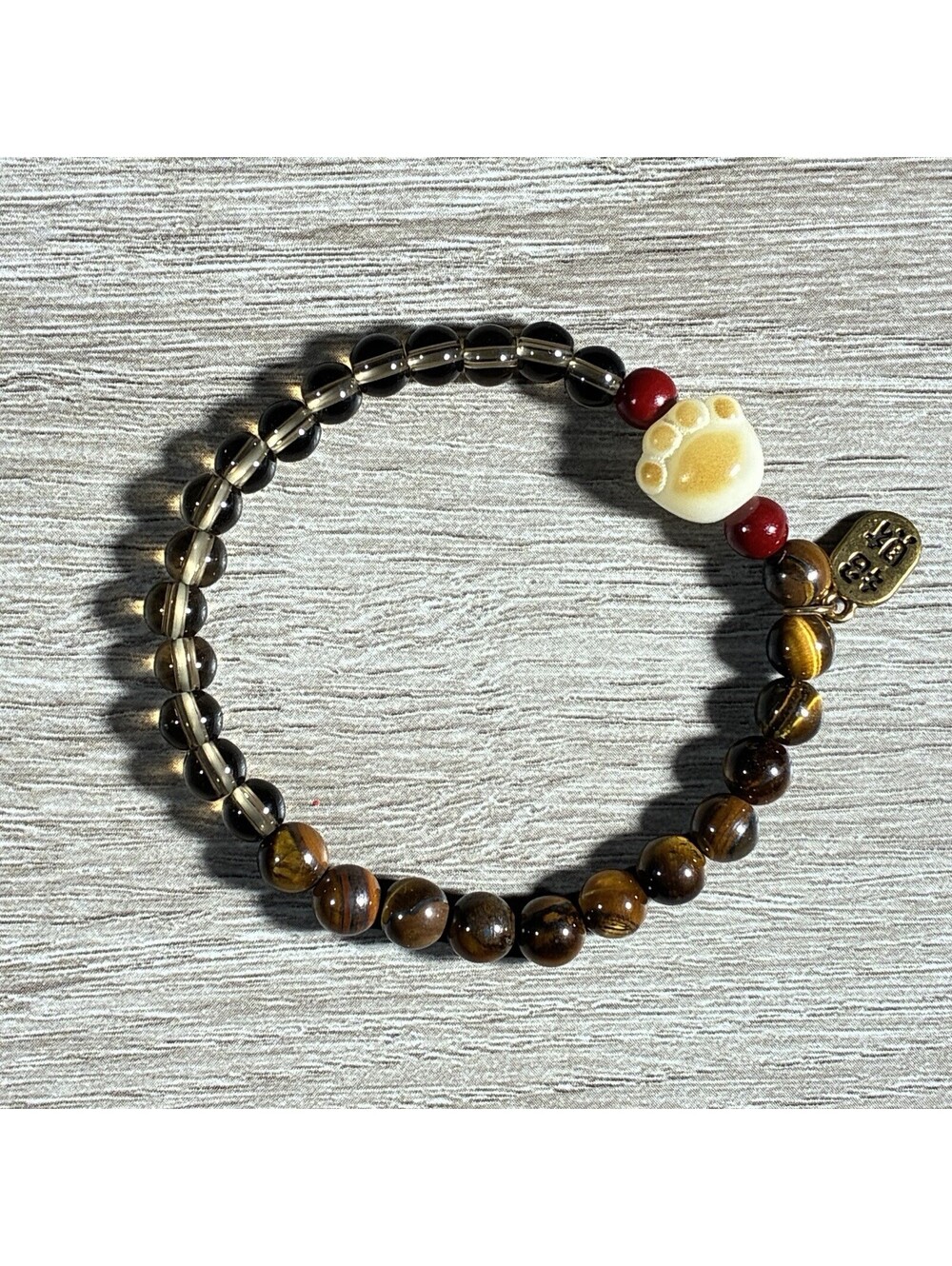 Cat Paw Tigers Eye Smoky Quartz Beaded Stretch Bracelet Chinese Lucky Charm Y2K